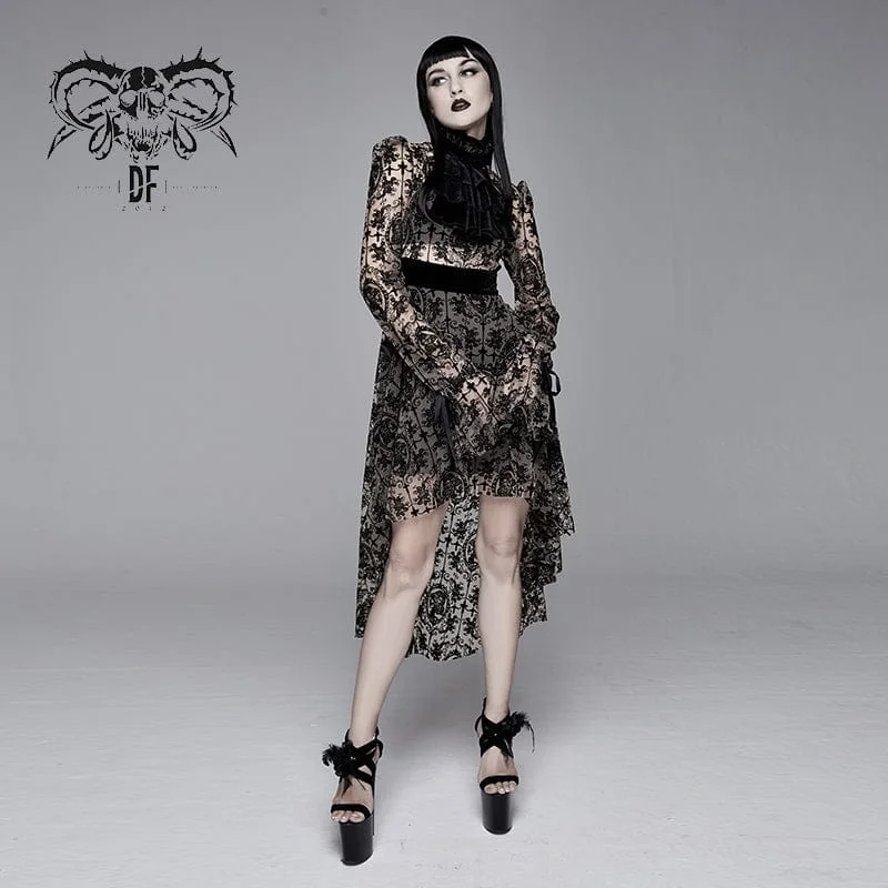 Women's Gothic Irregular Floral Printed Mesh Dress with Neckwear