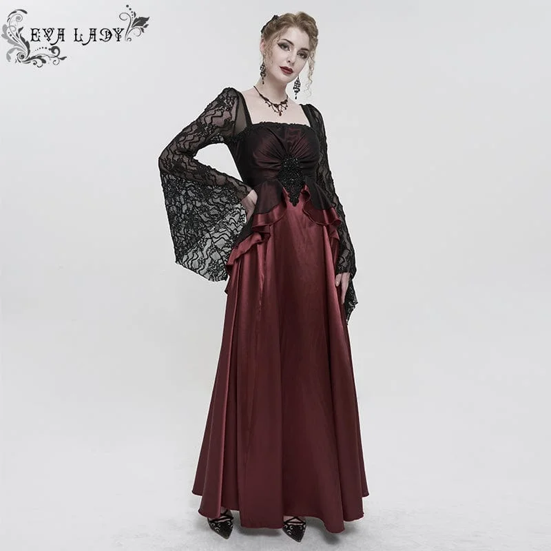 Women's Gothic Lace Sleeved Layered Draped Wedding Dress