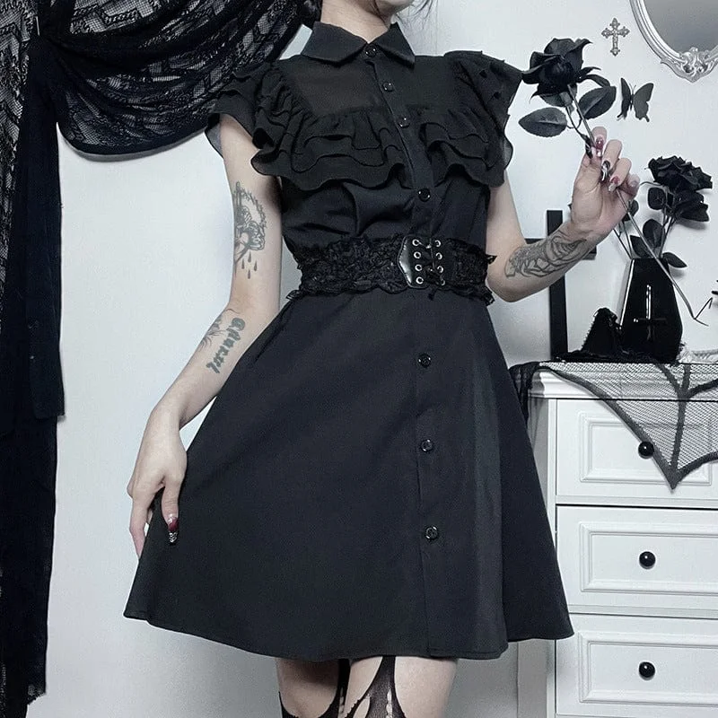 Women's Gothic Turn-down Collar Ruffled Dress