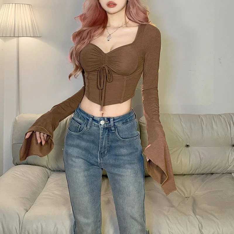 Women's Grunge Flared Sleeved Drawstring Crop Top