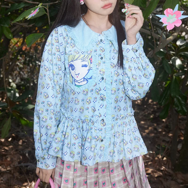 Women's Kawaii Nymph Printed Ruffled Shirt