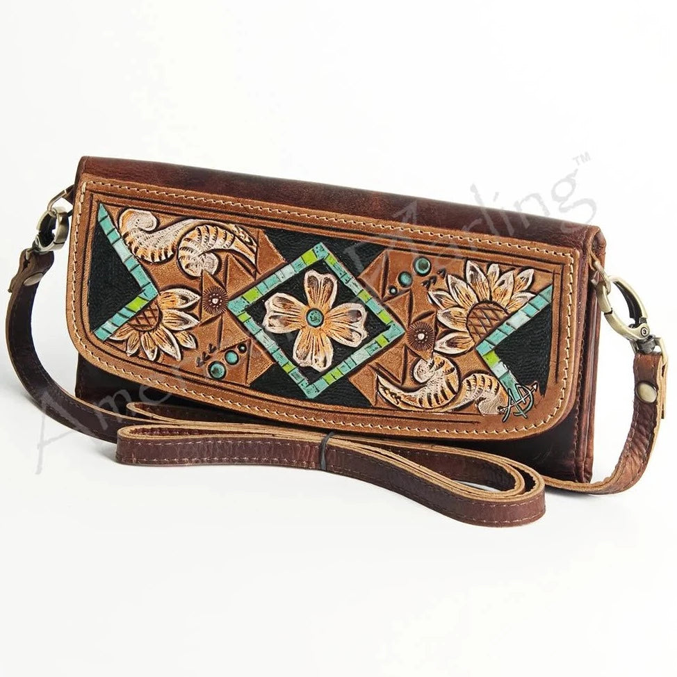 Sporty Comfort American Darling Brown Leather Tooled and Painted Cross Body Wallet