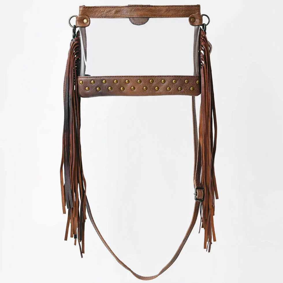 Versatile Outfits American Darling Clear Crossbody Bag with Studded Leather Trim and Fringe