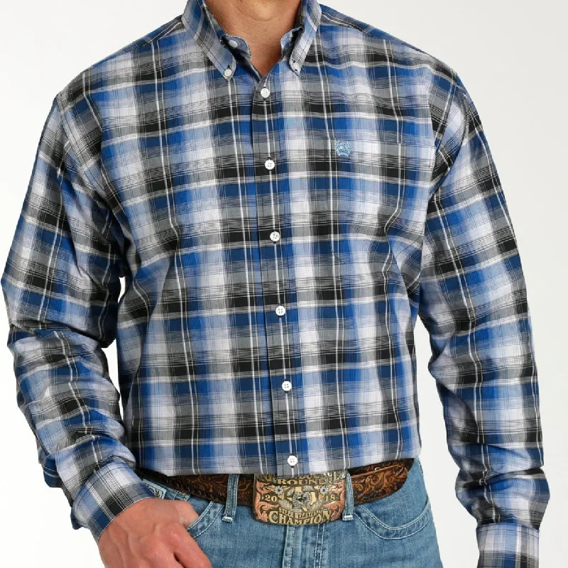 Loose Fit Cinch Men's L/S Classic Fit Plaid Western Button Down Shirt in Blue & Black Loose Fit Cinch Men's L/S Classic Fit Plaid Western Button Down Shirt in Blue & Black