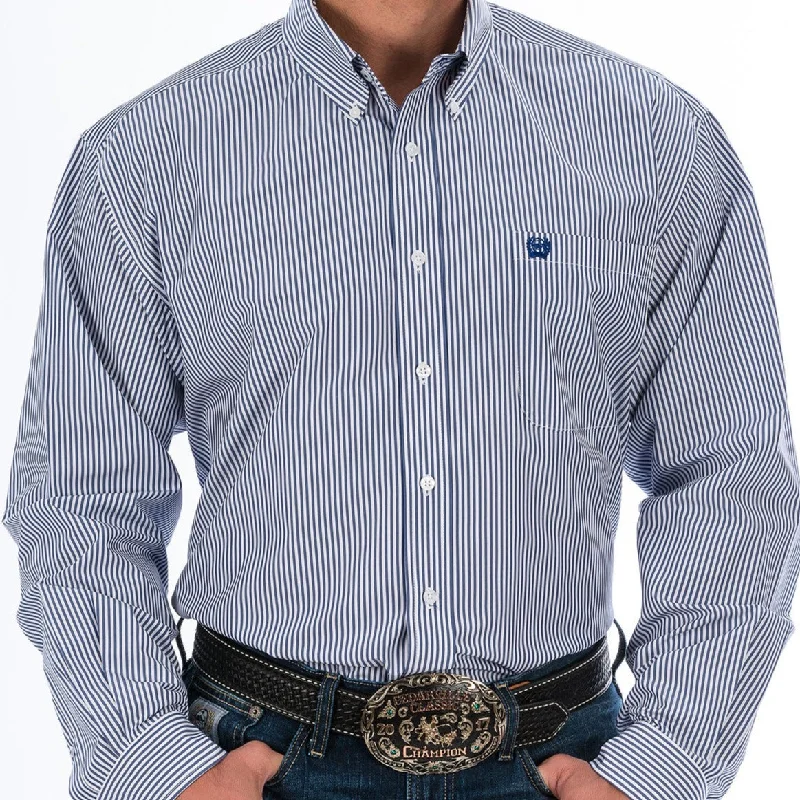 Relaxed Weekend Wear Cinch Men's Tencel L/S Striped Western Button Down Shirt in Royal Blue