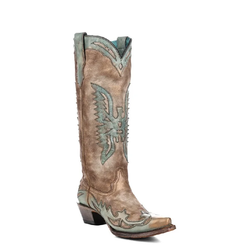 Warm Winter Series Corral Women's Bone & Turquoise Eagle Overlay Tall Boot