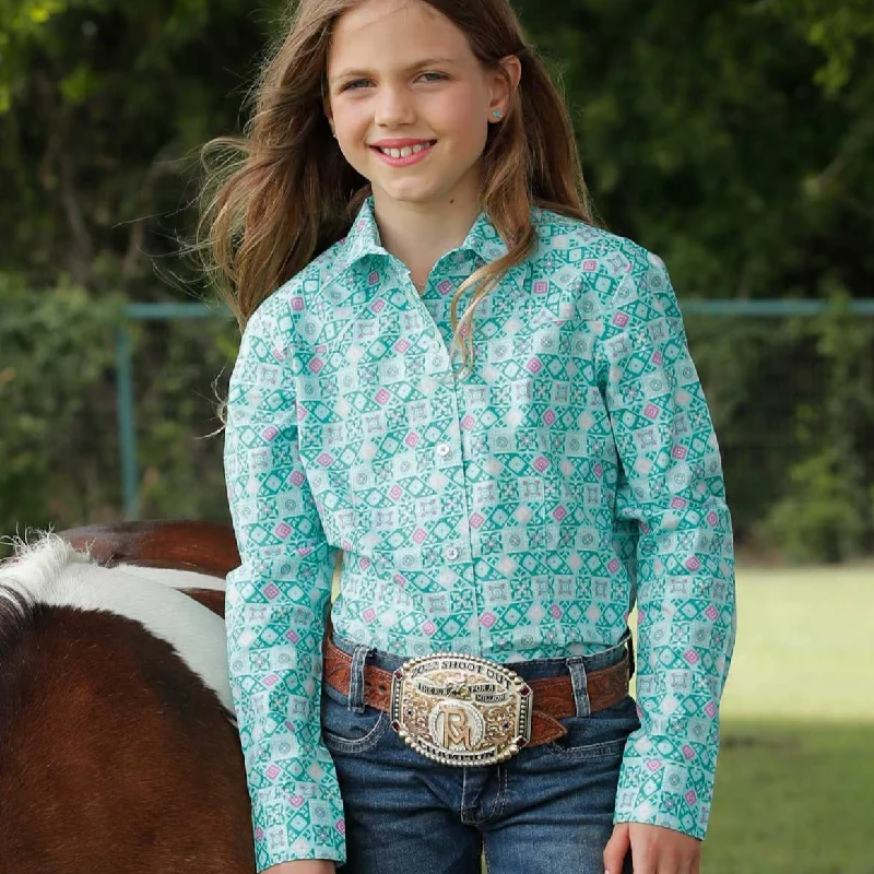 Sports Cool Cruel Girl's L/S Floral Geometric Western Button Down Shirt in Turquoise Sports Cool Cruel Girl's L/S Floral Geometric Western Button Down Shirt in Turquoise