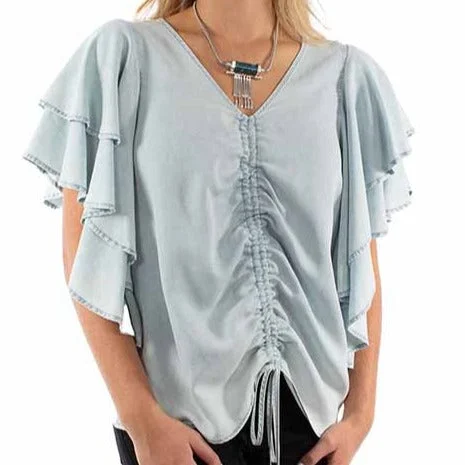 Relaxed Tops Honey Creek by Scully Women's Cinched Front Blouse in Light Blue