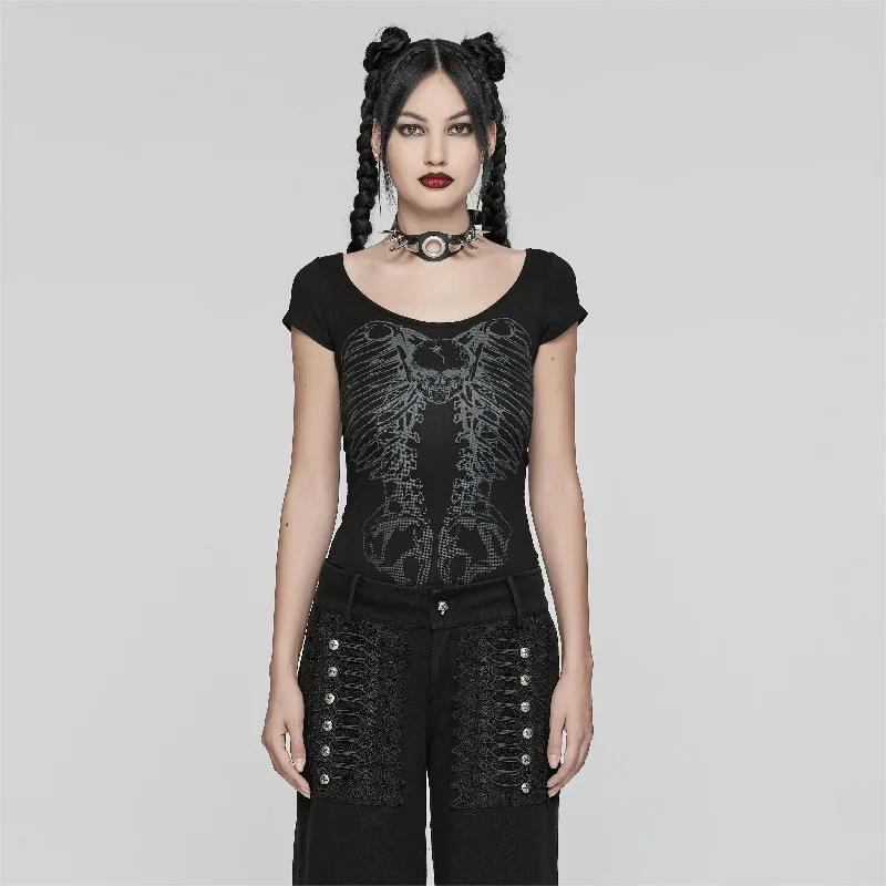 Party Wear Women's Skull Bone Printed Hollow Out T Shirt Black