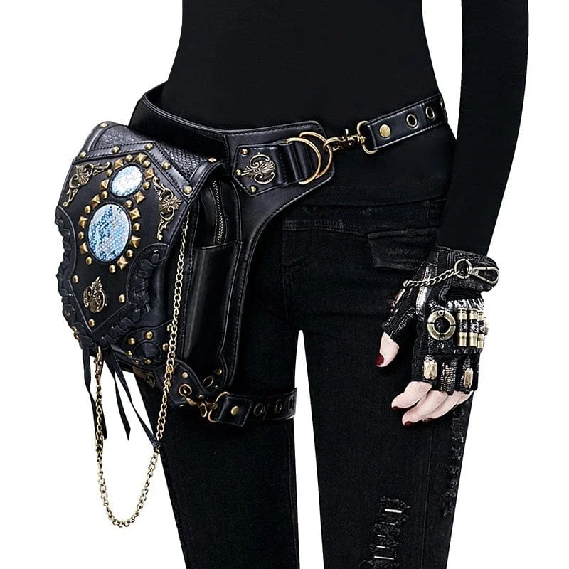 Casual Fit Steampunk Rivet Chained Wasit Bag
